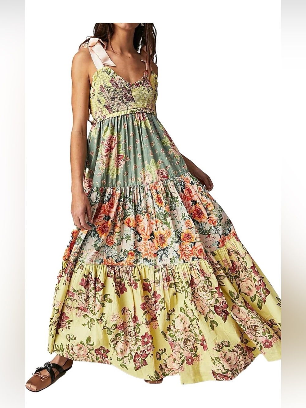 Tiered Floral Maxi Dress in Sage and Yellow with Ribbon Straps